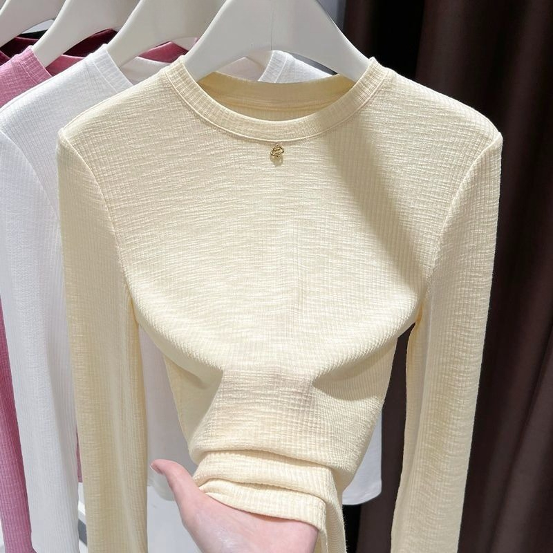 Undershirt Crew Neck - 여성 슬럽 코튼 긴팔 티셔츠 크루넥