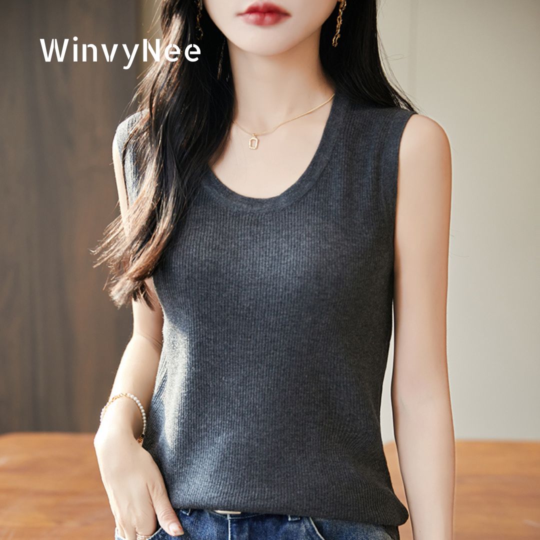 Tank Top Ribbed - WinvyNee 여성 딥 크루 넥 워스티드