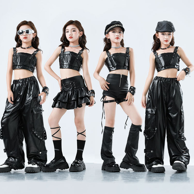 키즈 K팝 힙합 의류 블랙 인조 가죽 크롭 탱크탑 레이 - Suspender Tank Top 리뷰 및 가격
